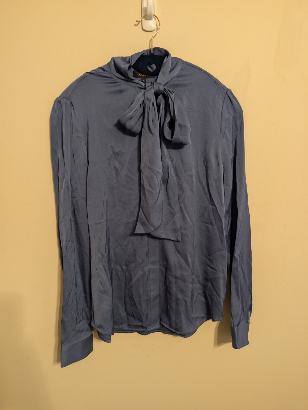 NWT Quince Washable Stretch Silk Tie Neck Blouse Moonstone Blue S
